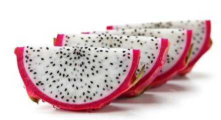 Sliced Dragon Fruit Displayed in a Row Against a White Background
