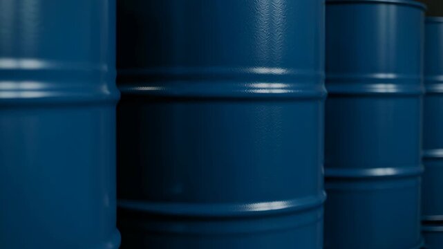 Blue plastic barrel container for industrial fuel storage stacked row showing durable plastic fuel barrels for safe energy storage