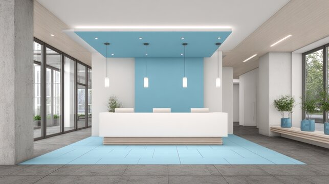 A modern, minimalist office reception area with a blue accent wall and white floor.