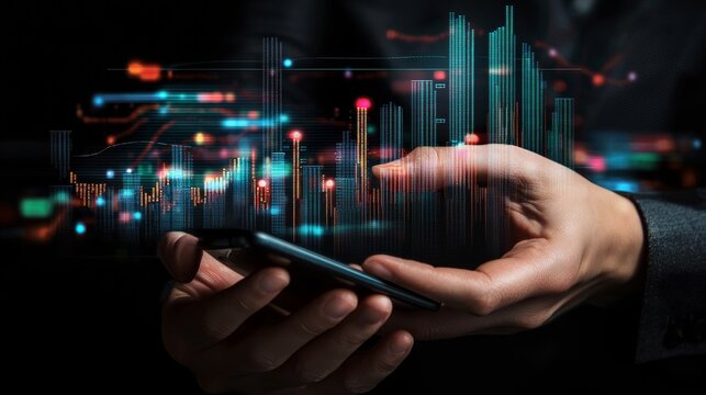 business, people and technology concept - hands with smartphone and virtual charts over black background