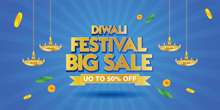 Happy Diwali. Creative Diwali Big Sale banner with golden typography, hanging diyas, and festive blue background. Perfect for online promotions, ecommerce discounts, and festival season offers.
