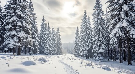 Fototapeta premium Snow-laden Spruce Trees Along a Footpath in a Winter Forest, Sunlight Filtering Through Overcast Sky