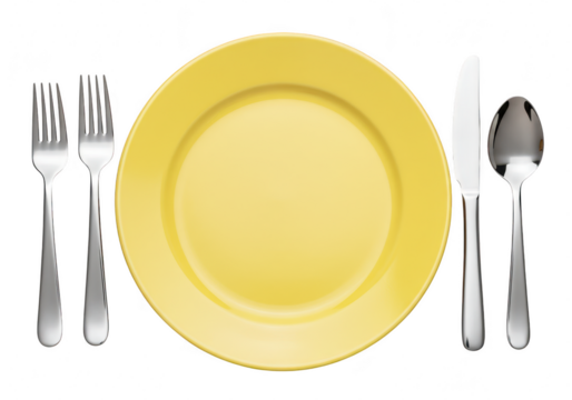 A yellow plate with a fork, knife, and spoon, isolated on transparent background - Powered by Adobe