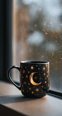 A black mug with a gold moon and stars design sits on a windowsill, facing the rainy windowpane
