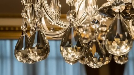 Close-up view of a sparkling chandelier with crystal droplets reflecting light in an elegant room - Powered by Adobe