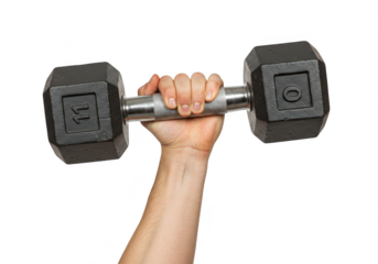 Hand holding an 11 pound dumbbell isolated on transparent background