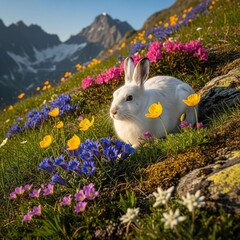 Adorable Snow Hare Amidst a Vibrant Alpine Meadow Bursting with Colorful Wildflowers