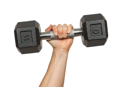 Hand holding an 11 pound dumbbell isolated on transparent background