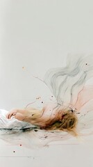 A serene scene of a young woman with long, wavy blonde hair lying on a white surface. Soft, flowing lines and colors create an ethereal atmosphere.