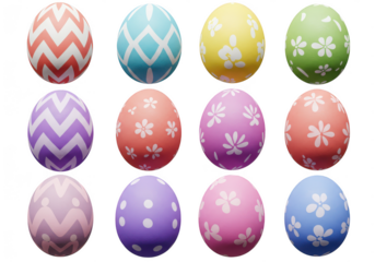 A collection of colorful easter eggs with various patterns and designs, isolated on a transparent background, symbolizing spring and celebration