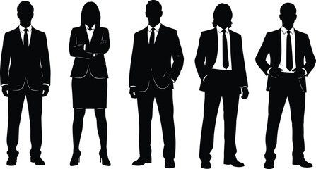 Silhouettes of five business professionals in formal attire, showcasing workplace diversity, leadership, and corporate presence for design and presentation use