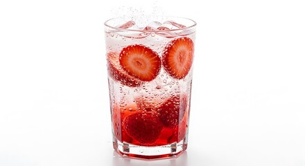 Sparkling Strawberry Drink with Ice Cubes in Glass