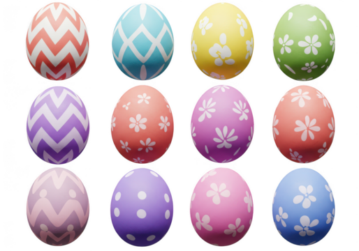 A collection of colorful easter eggs with various patterns and designs, isolated on a transparent background, symbolizing spring and celebration
