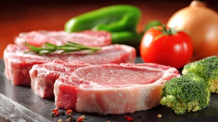 Three raw pork chops with vegetables on a dark surface.
