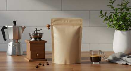 Minimal Coffee Pouch Packaging Mockup with Lifestyle Decor