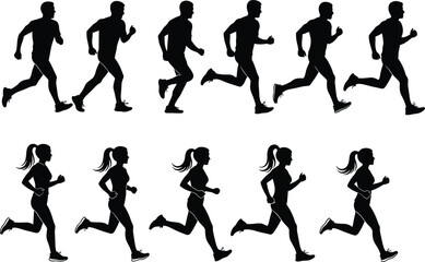 Silhouettes of male and female runners in motion sequence, showing running cycle stages for animation, biomechanics, and athletic training reference