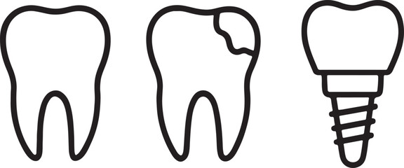 line drawing of healthy tooth, decayed tooth, and dental implant vector illustration
