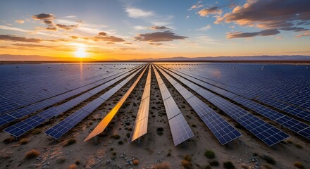 Massive Solar Farm in Desert at Golden Hour