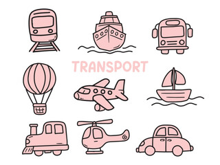 Set of icons with Transportation theme. With doodle style. For layout, website, graphic design.	