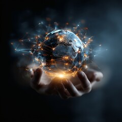 Hands holding bright holographic globe, futuristic connections, worldwide technology, AI growth, blockchain finance, fintech innovation, smart communication, cybersecurity, international commerce, 