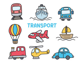 Set of icons with Transportation theme. With doodle style. For layout, website, graphic design.	