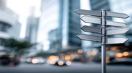 A metal street sign with multiple arrows pointing in different directions, set against a blurred cityscape backdrop.