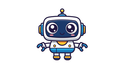 An adorable blue and white cartoon robot character with big, shiny eyes and a happy expression, isolated on a white background.