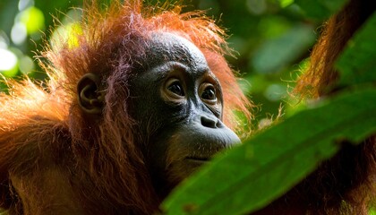 Close-up of an orangutan in a jungle setting