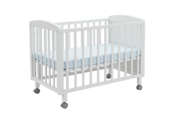 A white wooden baby crib with a light blue mattress and wheels, isolated on transparent background