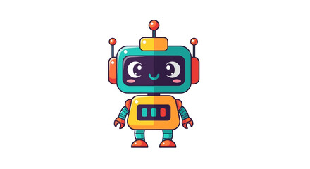 A cute, friendly cartoon robot with a teal body, orange accents, and a happy expression, standing on a white background.