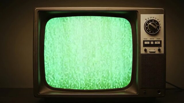 Retro television set with a green screen display, showcasing static and interference. - Powered by Adobe