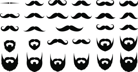 Silhouettes of various mustache and beard styles in black, ideal for grooming reference, character design, fashion, and icon creation
