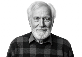 Portrait of a smiling elderly man with a grey beard and white hair wearing a plaid sweater, isolated on transparent background