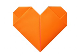 Orange origami heart made of folded paper, isolated on transparent background