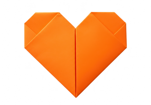 Orange origami heart made of folded paper, isolated on transparent background