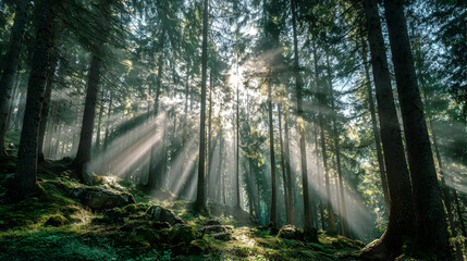 Obraz premium Sunbeams Streaming Through Lush Green Forest