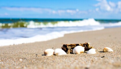 Obraz premium Seashells and driftwood rest on a sandy beach, gentle waves lapping the shore under a bright blue sky.