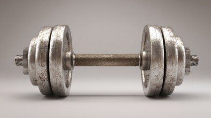 Fototapeta premium A weathered, rusted metal dumbbell with a textured, metallic finish on a plain, neutral background.