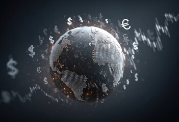 Global financial network, 3D sphere of Earth surrounded by currency symbols and data streams