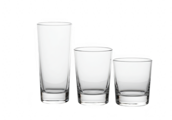 A set of three clear drinking glasses of varying sizes and shapes, isolated on a transparent background, ready for beverages