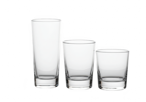 A set of three clear drinking glasses of varying sizes and shapes, isolated on a transparent background, ready for beverages