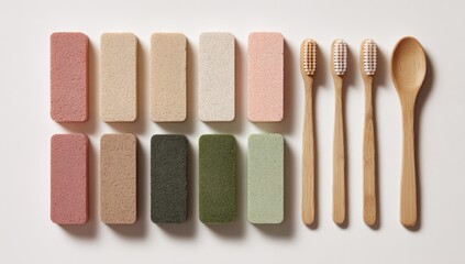 Obraz premium A top-down view of assorted natural bath or cleaning bars, toothbrushes, and a wooden spoon