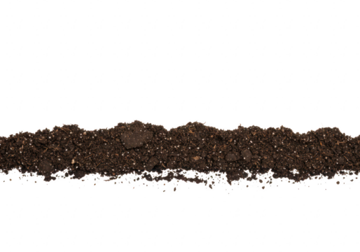 A horizontal line of dark rich soil isolated on a transparent background