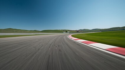 Naklejka premium Empty asphalt racing track curve with motion blur and red white curb