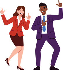 Businessman and businesswoman dancing with happy expressions in colorful professional attire vector illustration 