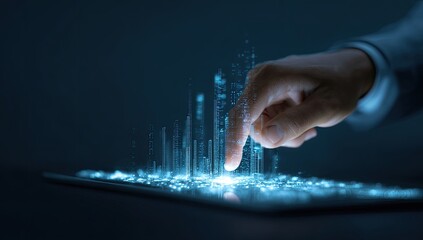 A hand interacts with a digital cityscape projection on a tablet