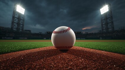 White baseball on pitcher's mound under stadium lights and dark sky