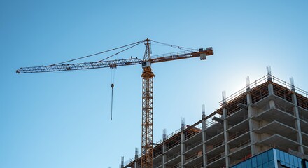 Tower Crane Dominates Construction Site Against Pale Blue Sky, Sun Glare Behind Building