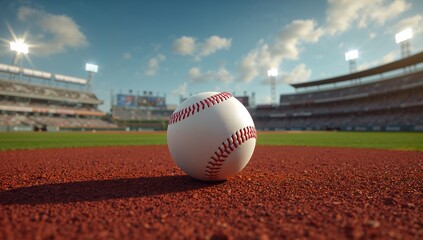 White baseball on red infield dirt with stadium lights under blue sky