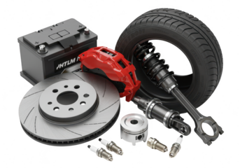 Collection of car parts including a tire, brake disc, caliper, spark plugs, piston, and battery, isolated on transparent background